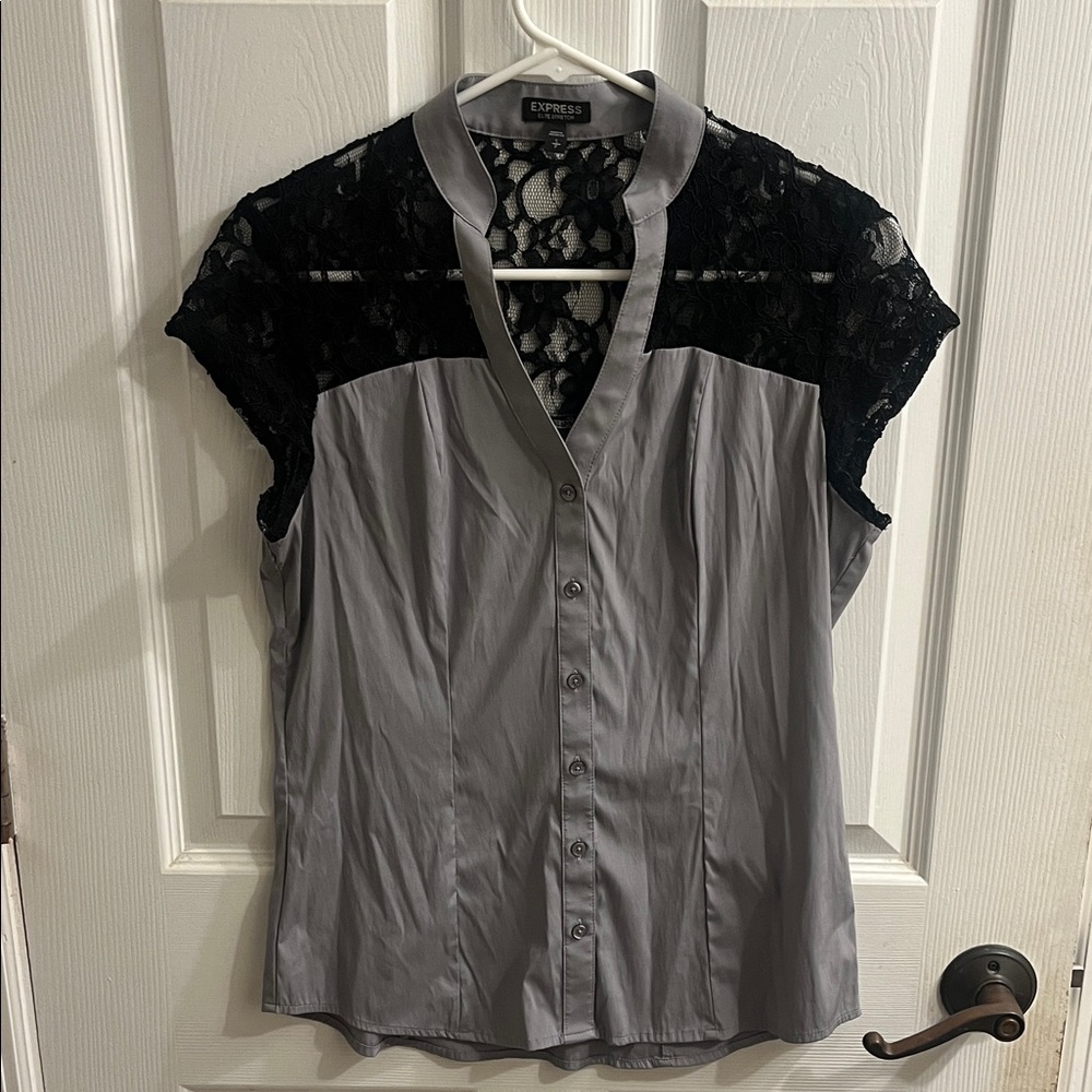 Express Gray Blouse with Black Lace Accents